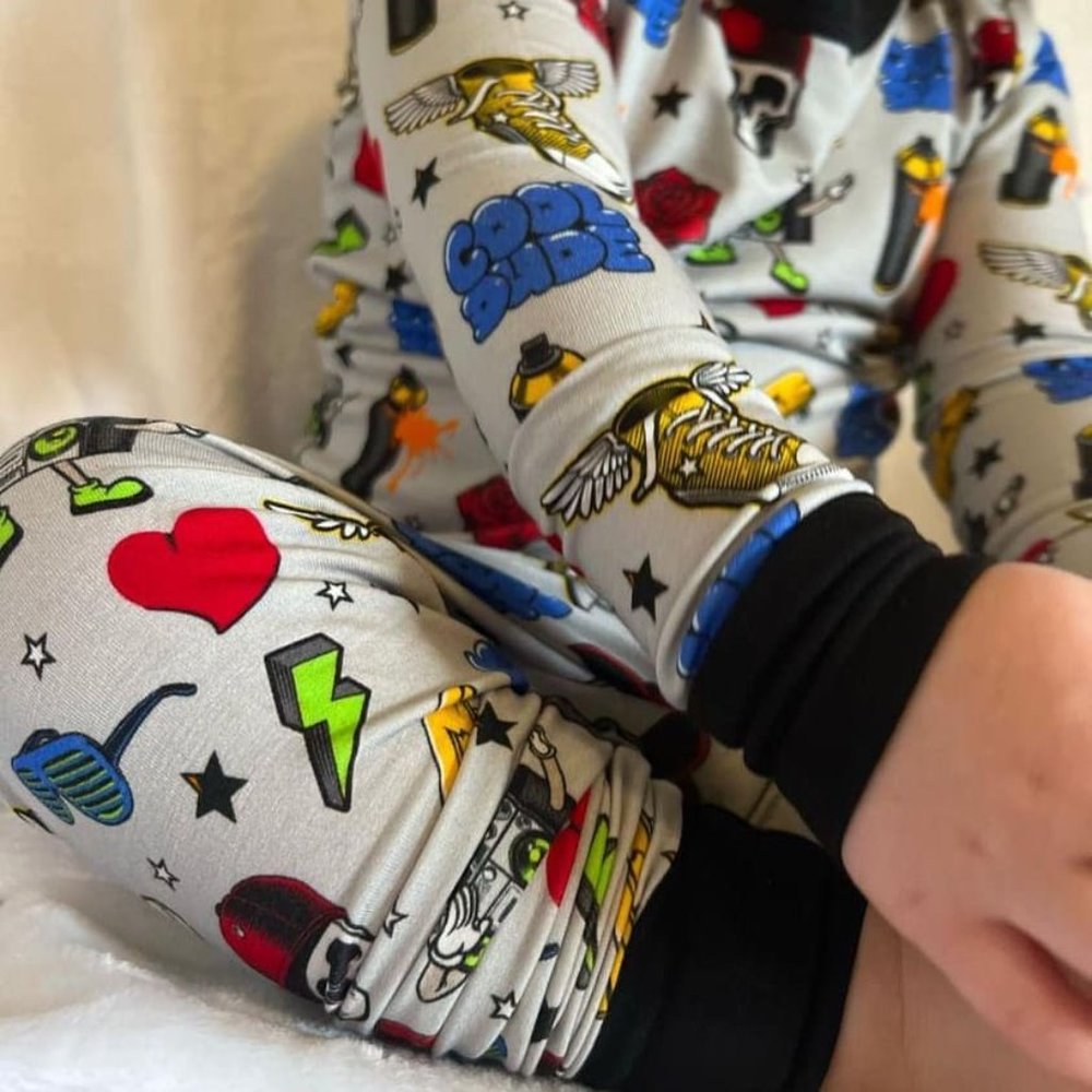 Kids 2pc Bamboo Pajama Set | Cool Dude Graffiti | Skater Skull Retro